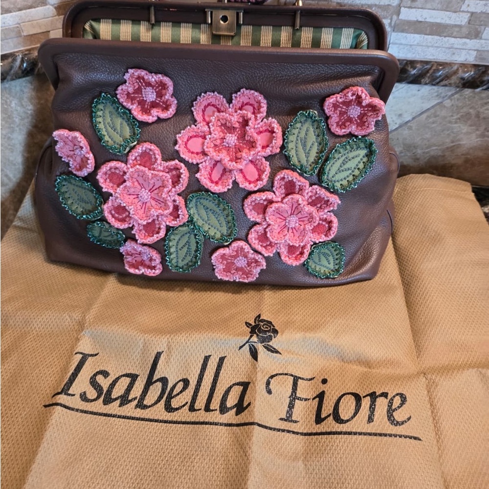 Isabella Fiore Brown Bag with Pink Floral Accents